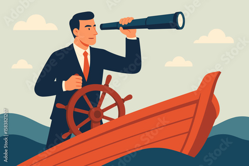 Business leadership and visionary concept to lead company success. Businessman as a boat captain controls steering wheel. Metaphor for career direction or work achievement.
