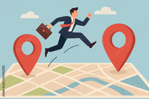 Business relocation and office moving concept. Businessman with briefcase jumping from one map location pin to another. New address, transfer, or company growth metaphor.
