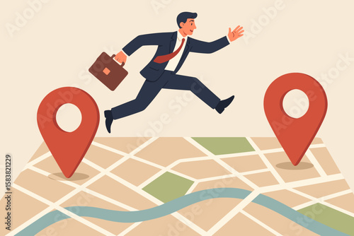 Business relocation concept. Businessman jumping from one map pin to another. Moving office, changing address or transferring to a new location metaphor for growth.