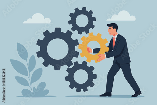Business solution to fix problem. Expertise and skill to drive success. Leadership to connect business parts. Strategy concept with businessman putting important golden gear.