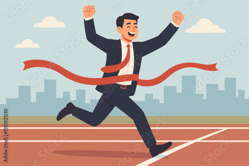 Businessman winning race celebrating victory at the finish line. Concept of business success, achievement, and career goal. Motivation to win competition and leadership.