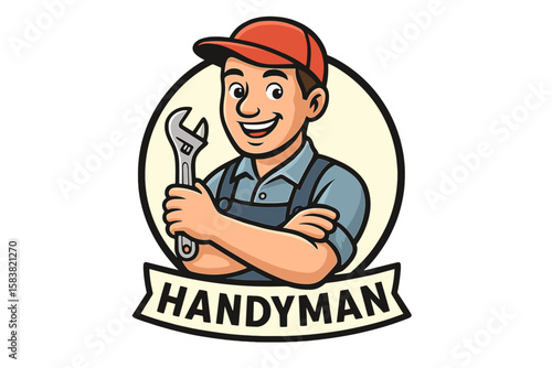 Handyman service logo vector. Cartoon character mascot with wrench tool for repair, maintenance, or construction business. Plumber or mechanic worker emblem.