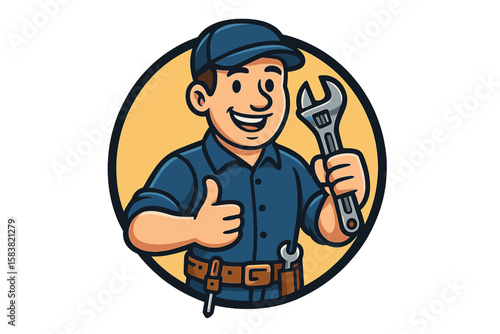 Cartoon handyman mascot logo. Plumber or mechanic character with wrench tool giving a thumbs up sign. Vector illustration for repair service, maintenance, or construction business.