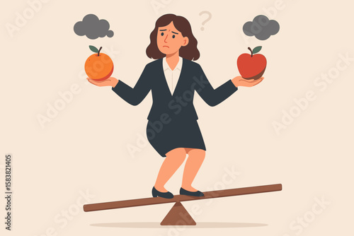 Comparing apples to oranges concept. Businesswoman on a scale weighing a difficult choice. Metaphor for business dilemma, decision-making, options, doubt, and finding a solution.