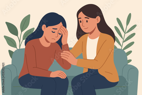 Woman comforting her sad friend on the sofa. Concept of compassion, support, empathy, and friendship. Mental health care and therapy session. Helping a person with depression.