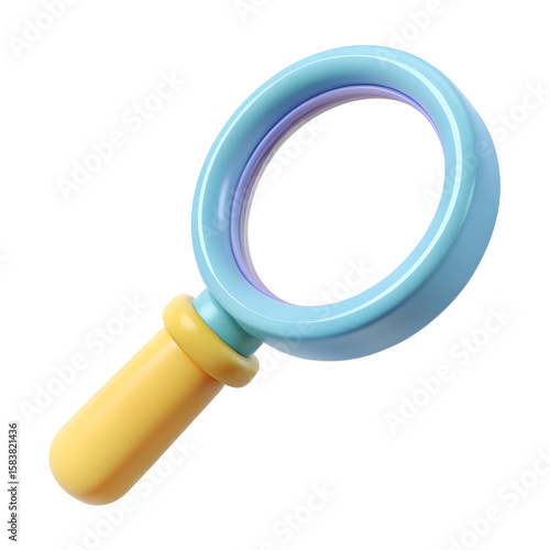 Stylized 3d magnifying glass with blue and yellow colors isolated on transparent background
