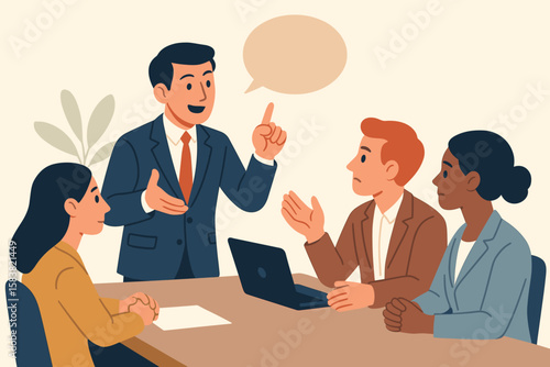 Businessman convincing colleagues in a meeting. Persuading team to believe in an idea. Leadership, influence, and communication concept. Argument and discussion vector.