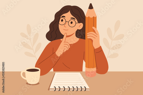 Content writer, blogger, journalist, or publishing editor concept. Young freelance woman holding a big pencil, thinking and writing creative content on a notepad paper.