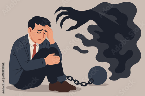 Fear of Failure, Anxiety, Depression, Mental Health Struggle, Businessman Shackled by Negative Thoughts, Phobia, Burnout, Stress, Emotional Disorder, Psychological Crisis, Workplace Pressure