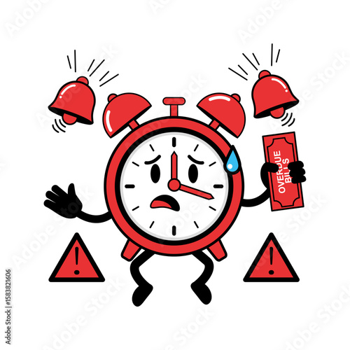 Cartoon Vector Alarm Clock Character Holding Overdue Bill with Worried Face, Motion Lines, and Panic Symbols – Flat Style with Thick Outlines on White Background