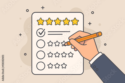 Customer satisfaction survey with hand filling out a 5-star rating. Excellent service review, quality performance evaluation, and marketing feedback vector concept illustration.