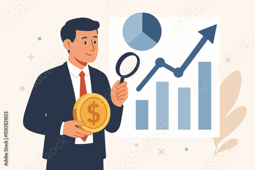 Businessman Investor Analyzing Financial Market Growth, Investment Earnings, Money Management, Economic Progress, Stock Exchange Report, Holding Dollar Coin, Data Chart Concept
