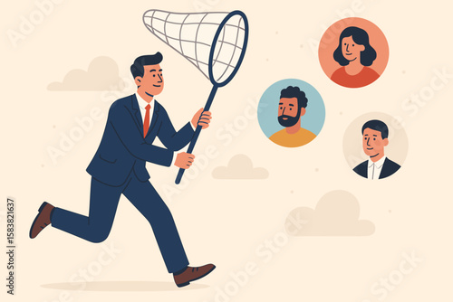 Businessman Recruiting New Clients or Employees, Human Resources Hiring, Lead Generation, Marketing Prospecting, Candidate Search, Job Vacancy, Networking, Team Building, Career Opportunity Concept