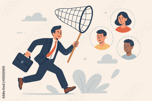 Businessman Recruiting New Clients or Employees, Human Resources Hiring, Lead Generation, Marketing Prospecting, Candidate Search, Job Vacancy, Corporate Talent Acquisition, Networking Concept