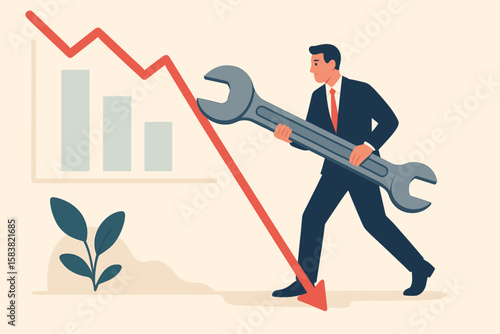 Business Crisis Management and Problem Solving Concept – Businessman Carrying Large Wrench Fixing Downward Trend, Economic Downturn, Financial Recovery, Corporate Solution Metaphor
