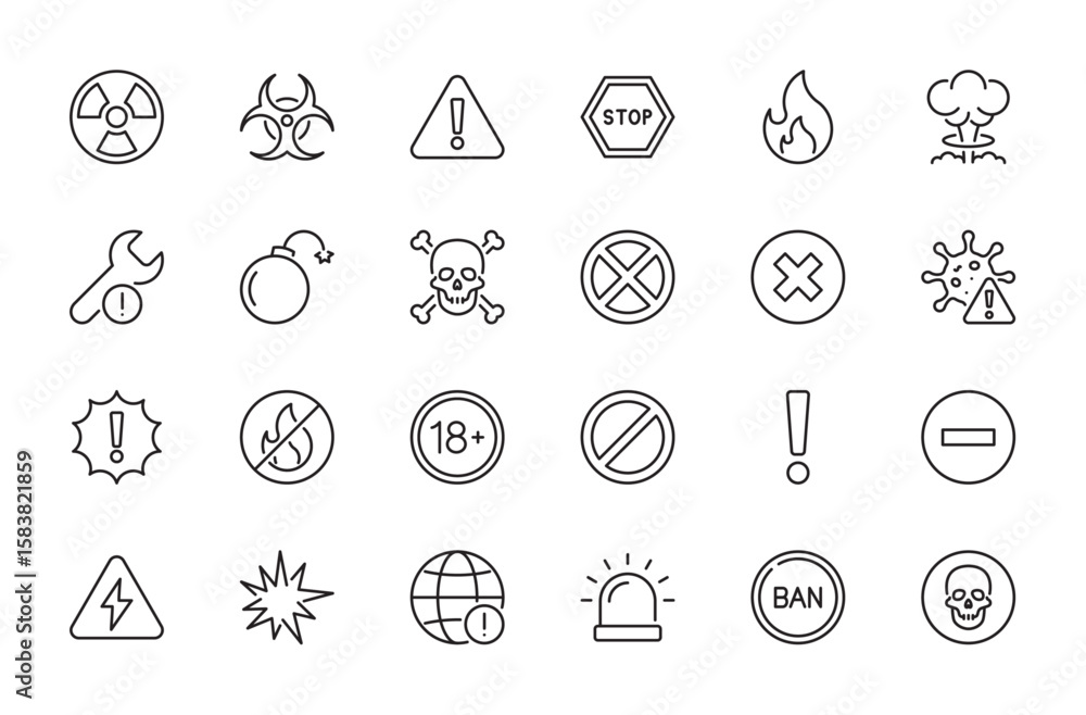 Fototapeta premium Warning icon set. Radiation, biohazard, stop, fire, nuclear explosion, age limit, forbidden, bomb, death, cross, virus, high siren, ban, danger, prohibition, etc. Vector illustration. Editable stroke.