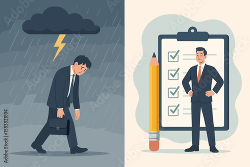 Businessman Under Storm Cloud, Failure and Depression Concept, Discouraged Employee Facing Work Problems, Stress and Burnout, Rainy Day, Corporate Struggle, Mental Health at Work, Overcoming Adversity
