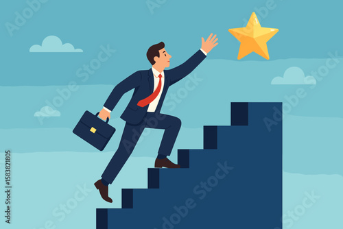 Ambitious Businessman Climbing Stairs to Success, Achieving Goals, Motivation and Reward, Career Growth, Reaching Star, Professional Accomplishment, Corporate Ambition, Business Achievement
