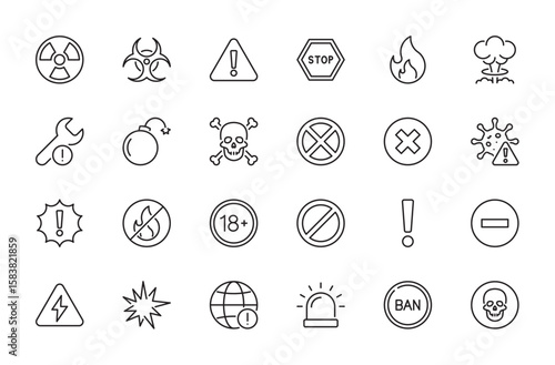 Warning icon set. Radiation, biohazard, stop, fire, nuclear explosion, age limit, forbidden, bomb, death, cross, virus, high siren, ban, danger, prohibition, etc. Vector illustration. Editable stroke.