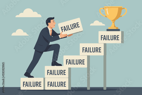 Businessman Climbing Stairs of Failure to Success, Ambition and Perseverance, Overcoming Obstacles, Learning from Mistakes, Never Give Up, Achievement and Growth, Success Concept Illustration