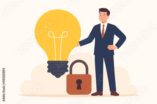 Intellectual Property Protection Concept, Businessman with Locked Light Bulb Idea, Patent, Copyright, Trademark Security, No Copy, Owner Rights, Innovation Safeguard, Legal Business Security