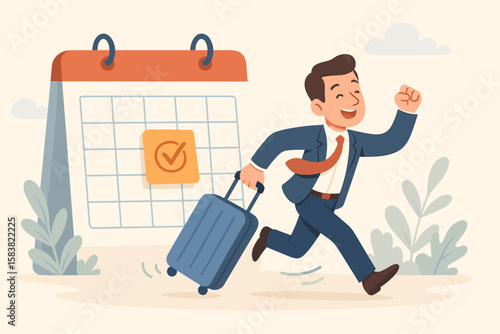 Annual leave concept. Happy businessman with luggage running for vacation. Employee taking day off to rest and relax from hard work. Holiday trip schedule reminder. Getaway.