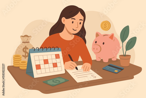 Smart Woman Planning Monthly Budget, Managing Expenses, Paying Bills, Mortgage or Debt, Saving and Investing, Personal Finance Organization, Credit Card Payment, Financial Planning at Home Desk