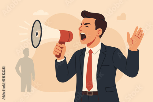 Businessman shouting in a megaphone, making a loud announcement. Concept for leadership, communication, protest, or marketing promotion. Angry boss or manager yelling.