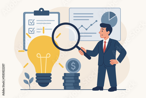 Business idea validation and viability analysis. Market research for startup success. Businessman with magnifying glass evaluating profit potential and strategy. Financial growth.