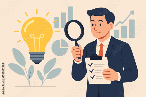 Business idea validation and viability analysis. Market research for profitability and success. Businessman with magnifying glass evaluates strategy. Concept of innovation and growth.
