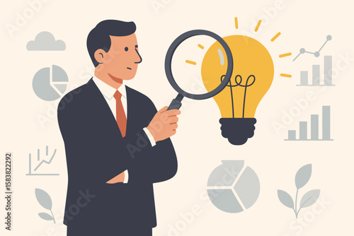 Business idea validation concept. Businessman with magnifying glass checking viability. Market research to evaluate profitability and success. Feasibility study and analysis.