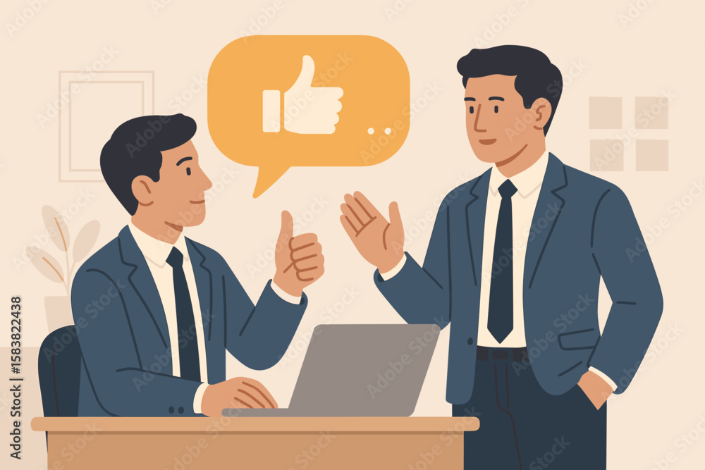 Fototapeta premium Businessmen communication concept. Positive feedback and approval. Employee satisfaction and teamwork. Customer review and opinion for improvement. Man gives thumbs up for good job.