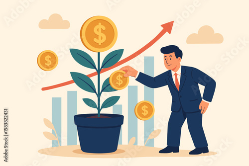 Businessman Growing Investment, Financial Success, Wealth Growth, Mutual Funds, 401K, Pension, Savings, Capital Gains, Dividends, Interest Rate Return, Money Plant, Economic Progress Concept