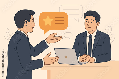 Collect feedback concept with businessmen in a meeting. Employee survey, customer advice for improvement. Professional communication, sharing ideas and opinions for growth.