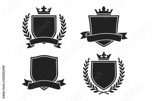 Vector set of coats of arms templates. Black heraldic shields with royal crowns, laurel wreaths, and ribbons for logos. Medieval insignia, security emblems, and luxury badges.
