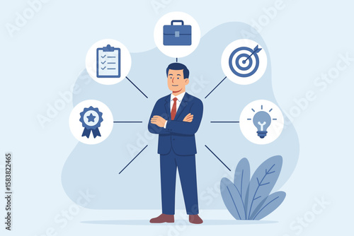 Businessman with multitasking skills for career development. Professional competence, work experience, and job qualifications. Concept of business management and success.