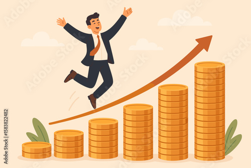 Happy businessman investor jumping on growing chart over coin stacks. Concept of compound interest, money growth, investment return, prosperity, earning and profitability.