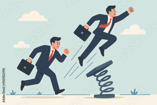 Competitive advantage concept. Innovation to outsmart and overtake business competition. Winning strategy for success. Smart way for career growth. Businessman jumping high.