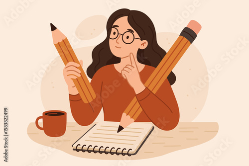 Content writer, blogger, or journalist concept. A young freelance woman holds a big pencil, thinking and writing creative content. Author, copywriter, or publishing editor at work.