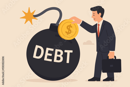 Businessman Paying Off Debt, Financial Obligation Relief, Money Decision, Indebtedness Risk, Liability Management, Deficit Borrowing, Economic Responsibility, Debt Crisis Concept Illustration