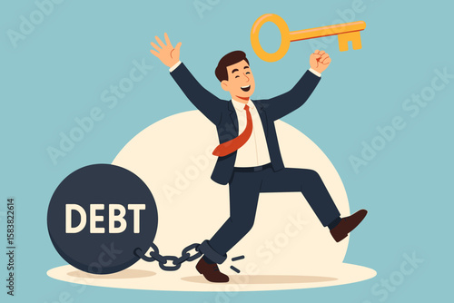 Financial freedom from debt concept. Businessman breaking chain and ball. Happy man holding golden key. Pay off loan or mortgage. Solution for financial problem, investment success.