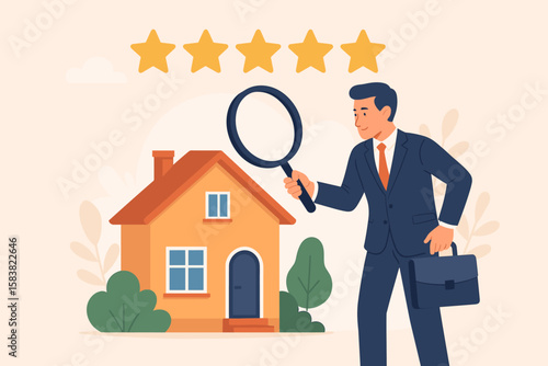 Real Estate Appraisal and Property Value Assessment Concept – Businessman Evaluating Residential Home Market Price, Five-Star Rating, Magnifying Glass, Real Estate Review, Housing Sale
