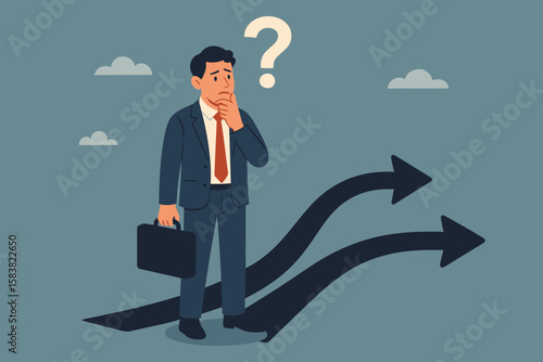Businessman at a crossroads making a career choice. Concept of business direction, professional doubt, and future opportunity. Man with question mark contemplating his path.