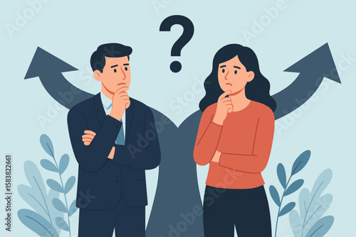 Business people making a difficult choice. Man and woman thinking about career path and future direction. Couple facing a crossroads with doubt and uncertainty concept.