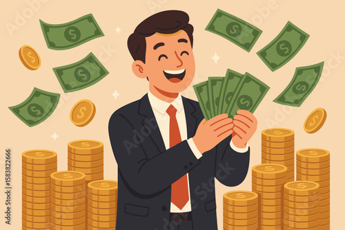 Happy businessman millionaire earns money. Making profit from investment, savings, or salary increase. Concept of getting rich, financial success, and wealth growth.