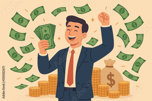 Earn money and make a profit from investment, savings, or income. Get rich and earn more wealth concept. Happy businessman millionaire holding easy money under a money rain.
