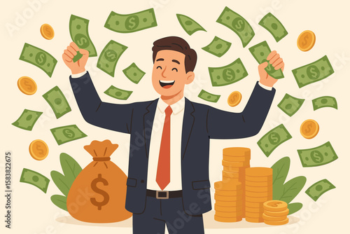 Happy businessman under money rain celebrating financial success. Earning profit from investment. Rich millionaire holding cash. Concept of wealth, income, and getting rich.