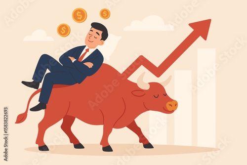 Easy money passive income concept. Businessman sleeping on a bull representing a bull market. Successful investment in stock market, mutual funds, or cryptocurrency.