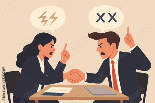 Business Conflict Resolution, Workplace Disagreement, Professional Collaboration, Diverse Opinions, Office Negotiation, Businessman and Businesswoman Arguing, Handshake Agreement, Teamwork Concept