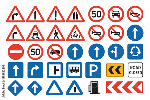 Comprehensive Road Traffic Signs Vector Set – Warning, Prohibition, Mandatory, Directional, Informational, Urban and Highway Symbols, Blue Red Yellow Black, Isolated Transparent Background